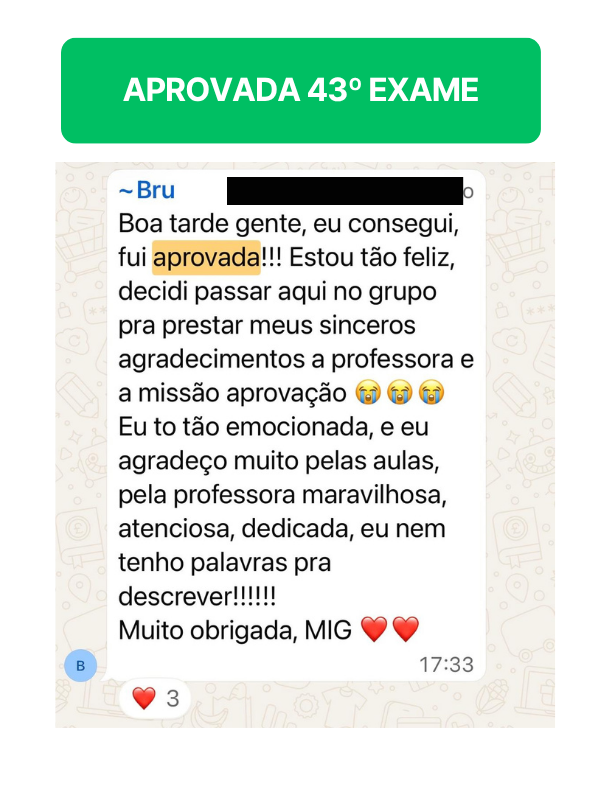 Depoimento WhatsApp — Aprovada 43º Exame (Bru)