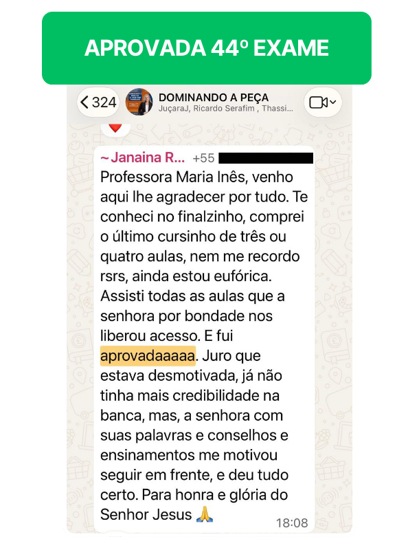 Depoimento WhatsApp — Aprovada 44º Exame (Janaina)